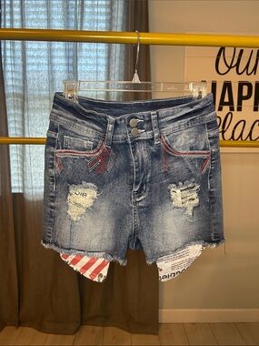 Distressed Dark Blue Denim Jean Shorts with Contrast Pocket Trim